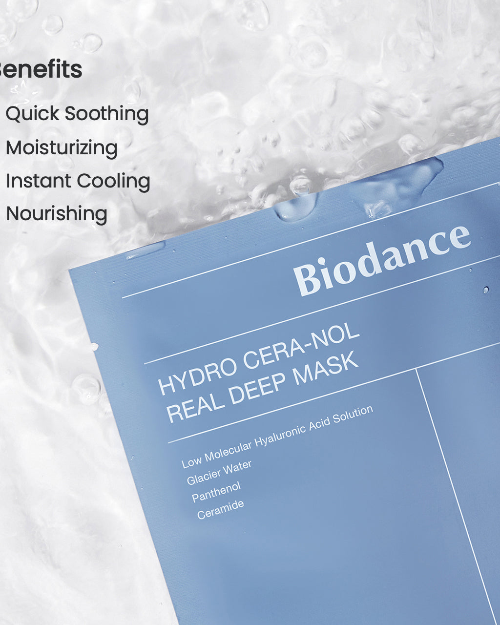 Biodance Hydro Cera-NOL Real Deep Mask with benefits listed on a white background