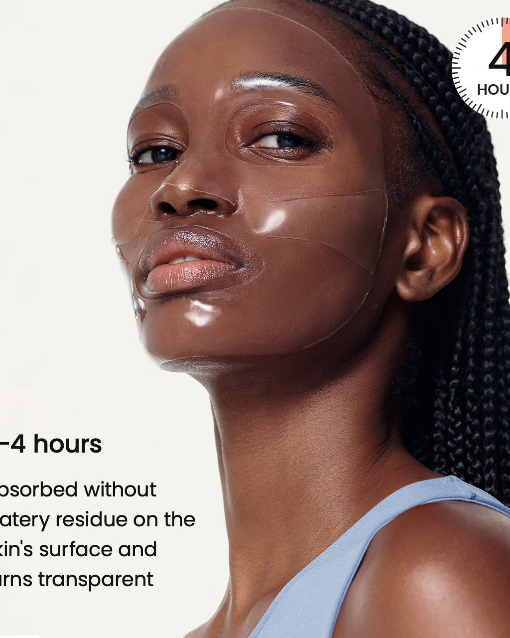 Woman with a facial mask on her face, text indicating absorption time and product benefits.