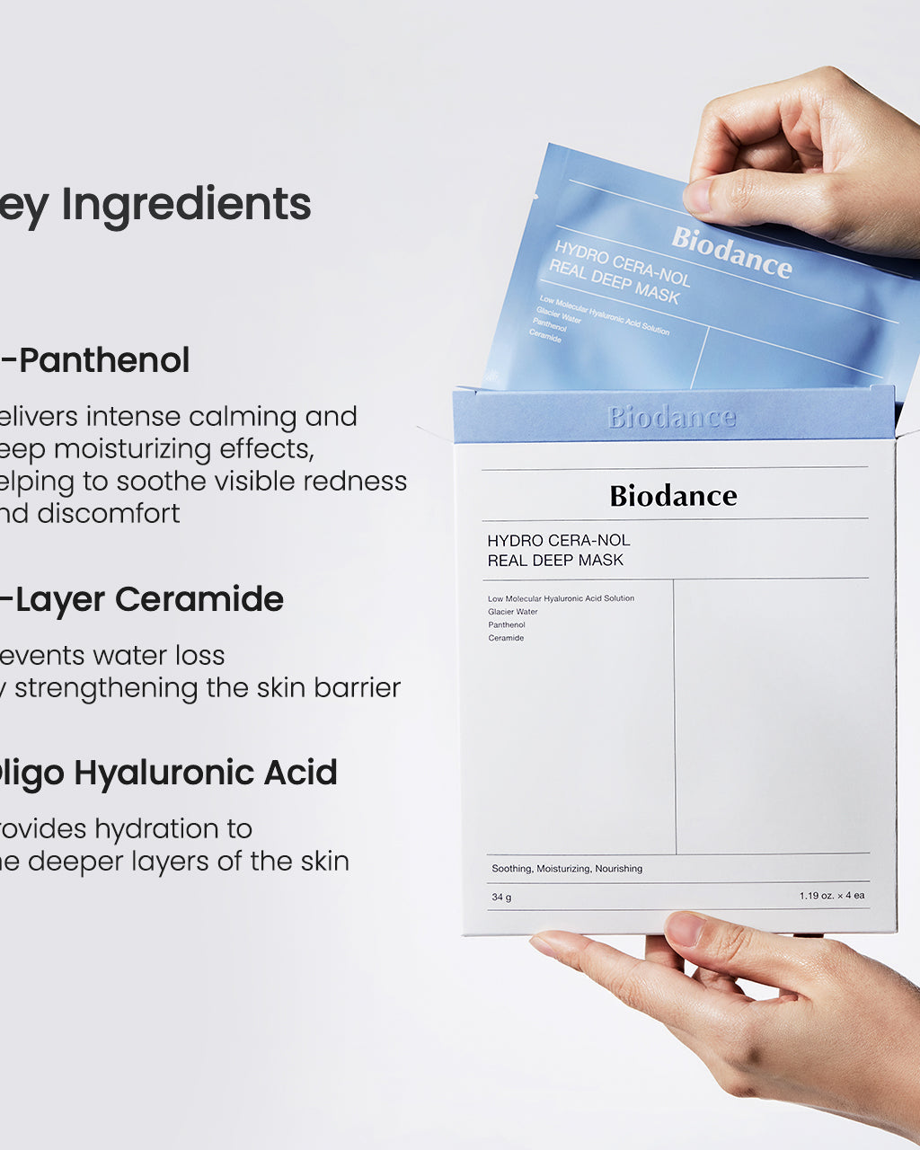 Biodance Hydro Cera-NOL Real Deep Mask with key ingredients listed on a light gray background