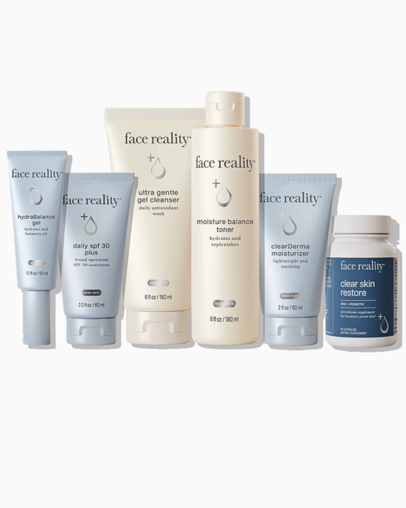 Face Reality Acne-Safe Essentials and Support Bundle complete acne skincare and supplement set