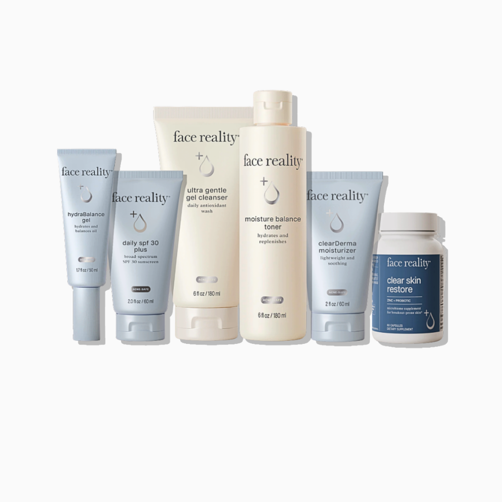 Face Reality Acne-Safe Essentials and Support Bundle complete acne skincare and supplement set