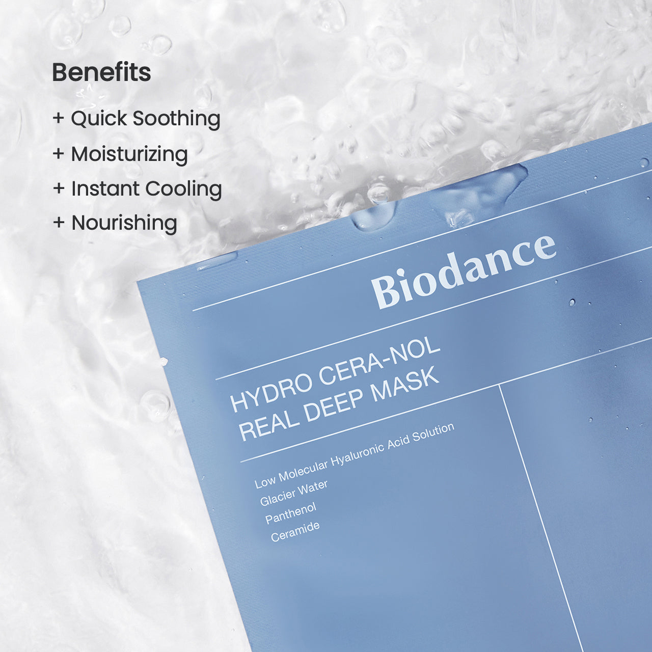 Biodance Hydro Cera-NOL Real Deep Mask with benefits listed on a white background