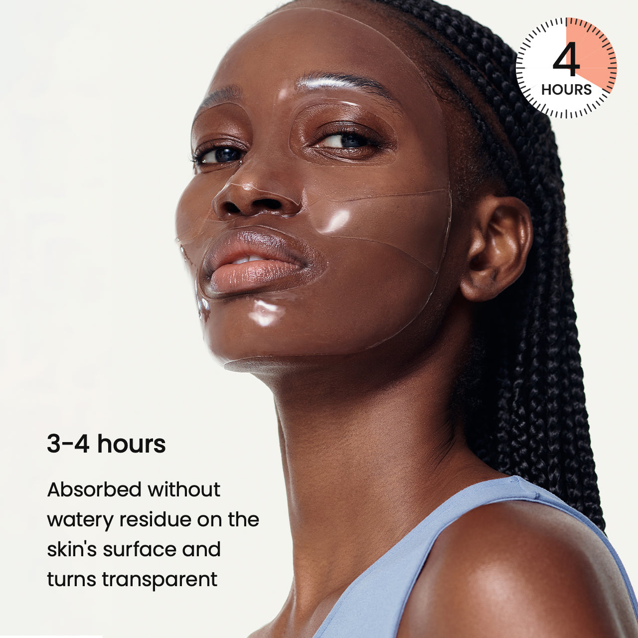 Woman with a facial mask on her face, text indicating absorption time and product benefits.