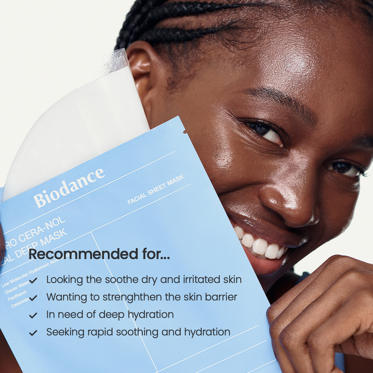 Woman holding a Biodance facial sheet mask with product details.